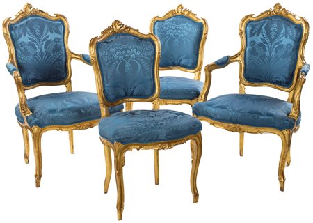 Coppia di poltrone e coppia di sedie in legno dorato, XIX secolo F2, ,...