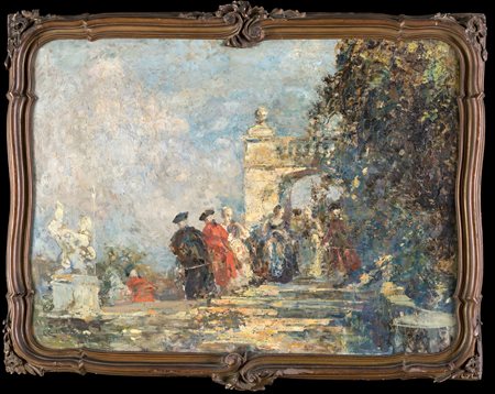 Pittore del XIX secolo , Giardino con rovine architettoniche e figure in...