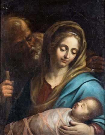 Pittore del XVII secolo , Sacra Famiglia con Gesù in fasce F2, olio su tela,...