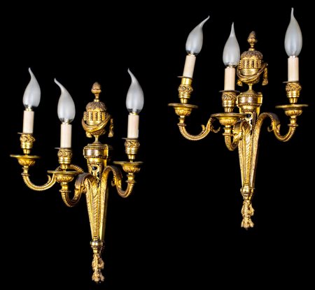 Coppia di appliques in bronzo dorato a tre luci, XIX secolo F2, , 45x32x19