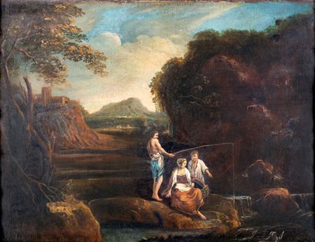 Pittore della fine del XVIII secolo , Paesaggio fluviale con figure in primo...