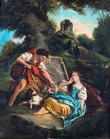 Scuola francese del XIX secolo , Campagnola addormentata con corteggiatore...