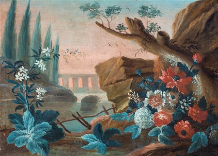 Pittore del XIX secolo , Paesaggio con acquedotto romano e composizione...