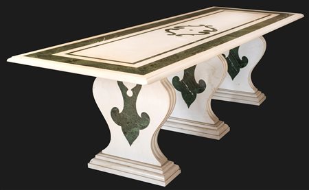Tavolo in marmo bianco con inserti in verde F2, , 75x270x92
