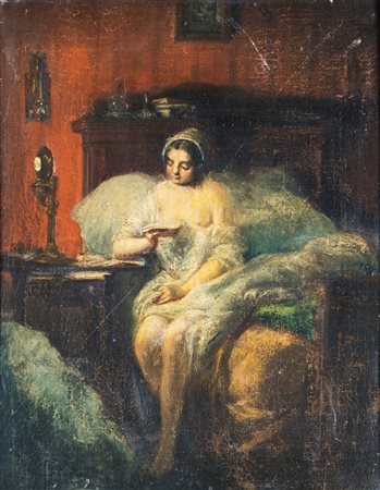 Scuola francese del XIX secolo , Prima del sonno F2, olio su tela, 42,5x34