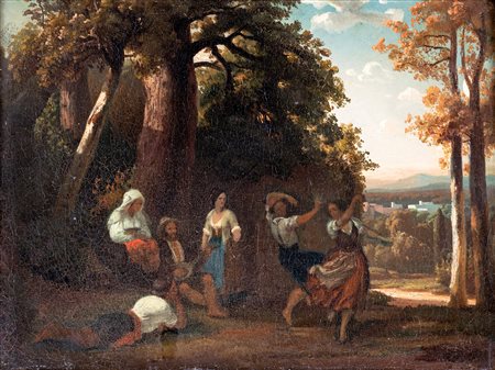 Pittore del XIX secolo , Paesaggio con danzatori di tarantella F2, olio su...