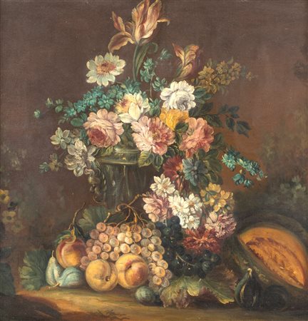 Pittore del XIX secolo , Natura morta di fiori e frutta F2, olio su tela, 70x70