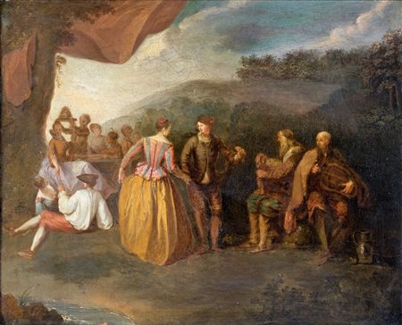 Pittore della fine del XVIII secolo , Festa in giardino F2, olio su tela, 56x46