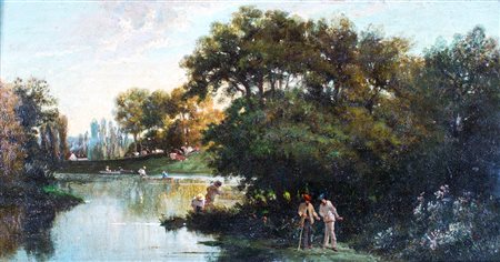 Pittore francese del XIX secolo , Parco con stagno e figure F2, olio su...