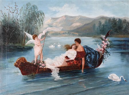 Roberto Bompiani Roma 1821-Roma 1908, Idillio sul lago F2, olio su tela, 48x65