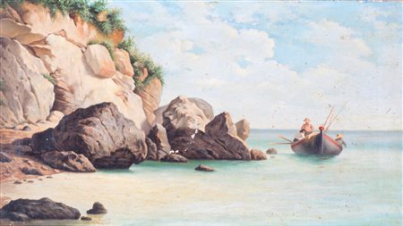 Pittore fine del XIX secolo , Marina con pescatori F2, olio su tela, 29x53