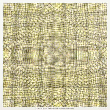 SOL LEWITTBlue grid, red circles, black arcs from four sides, and yellow arcs from four corners, 1972