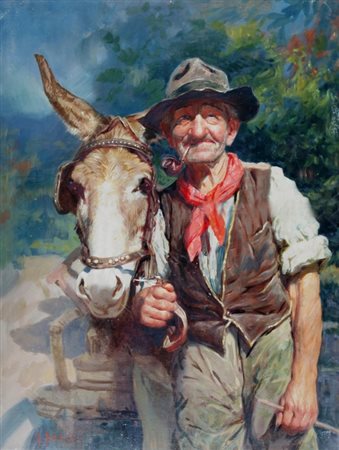 BASILE A. "Uomo a cavallo" Olio su tela cm. H: 80.00 L: 60.00 Firma in basso...