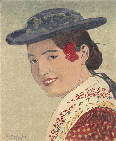 Carl Moser "Contadina tirolese" 1935
xilografia a colori su carta (cm 28,5x23,5)