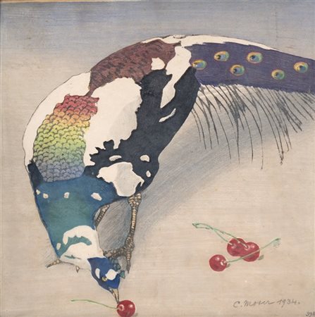 Carl Moser "Pavone" 1934
xilografia a colori su carta japon (cm 37x37)
Firmata,
