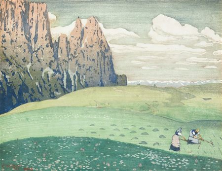 Carl Moser "Sciliar con Alpe di Siusi" 1926
xilografia a colori su carta japon (