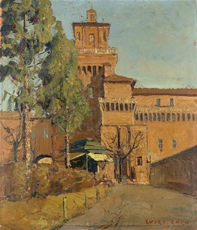 Luigi Zago "Castello Estense di Ferrara" 
olio su cartone (cm 41x33)
Firmato in