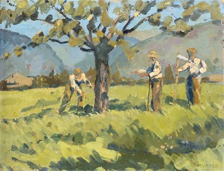 Luigi Zago "Falciatori in Val di Non" 1927
olio su cartone (cm 30x40)
Firmato e