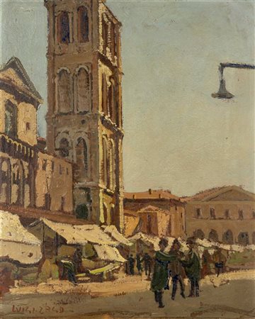 Luigi Zago "Torre del Duomo di Ferrara" 
olio su cartone (cm 42x33,5)
Firmato e
