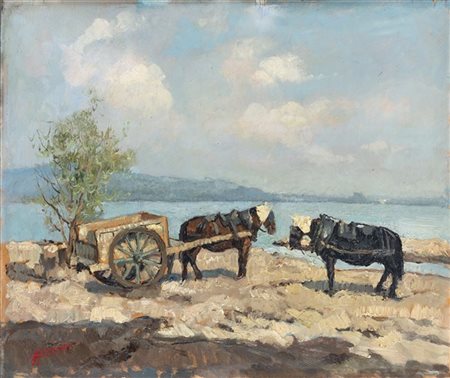 Gigi Comolli "Il carretto" 
olio su compensato (cm 40x49)
Firmato in basso a sin