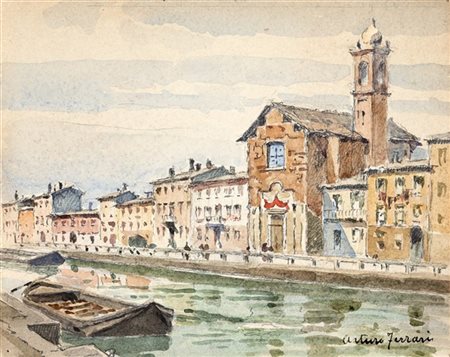 Arturo Ferrari "S.Maria al Naviglio, Vecchia Milano" 
acquerello su carta (cm 15