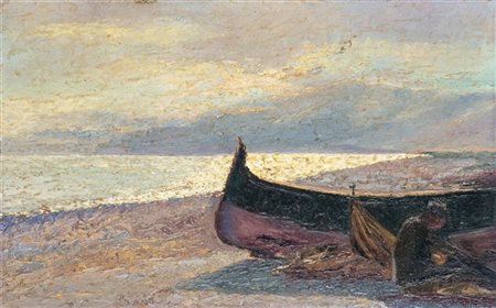 Alfredo Prosa "Marina con pescatore" 
olio su compensato (cm 15,5x24)
Firmato in