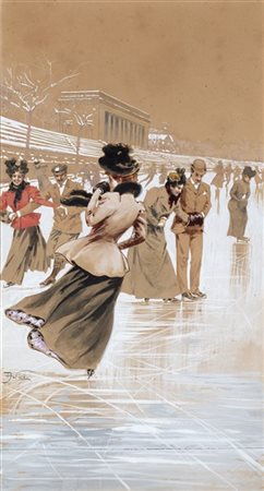 Aleardo Villa "Pattinatori" 
tecnica mista su cartone (cm 50x27)
Firmato in bass