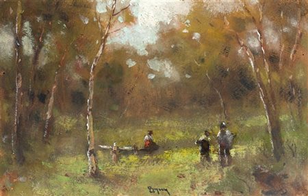 Lorenzo Gignous "Figure nel bosco" 
olio su cartone (cm 18x28,5)
Firmato in bass