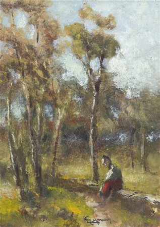 Lorenzo Gignous "Figura nel paesaggio" tre dipinti ad olio su cartoncino (cm 9x7