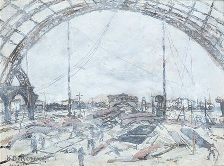 Domenico De Bernardi "Milano. Stazione Centrale, costruzioni" 1949
olio su compe