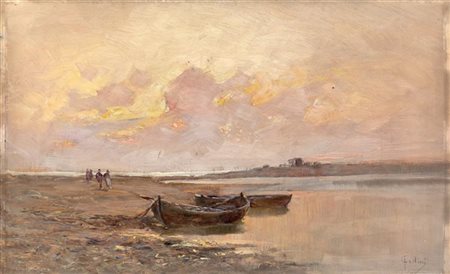 Carlo Follini "Zattere a riposo" 
olio su compensato (cm 26,5x44)
Firmato in bas