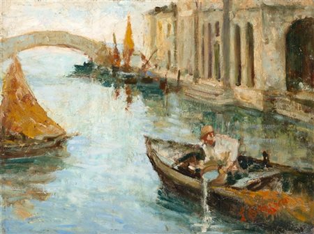 Leonardo Bazzaro "Alla riva (Chioggia)" 
olio su compensato (cm 30x40)
Firmato i