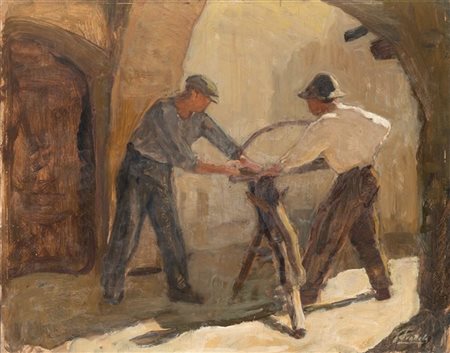 Ferruccio Scattola "I taglialegna" 
olio su compensato (cm 34x42)
Firmato in bas