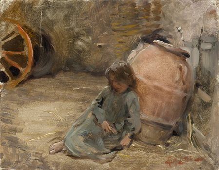 Cesare Ciani "La bimba" 
olio su tela (cm 23,5x30)
Firmato in basso a destra
In