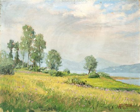 Gigi Comolli "Sulle rive del Lago Maggiore" 1943
olio su compensato (cm 40x50)
F