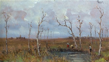 Lorenzo Gignous "Il laghetto" 
olio su cartone (cm 24x43)
Firmato in alto a dest