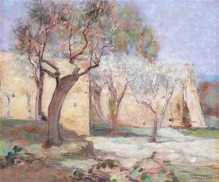 Gino Romiti "Le mura" 1915
olio su cartone pressato (cm 16,5x20,5)
Firmato, data