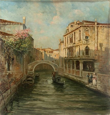 Alberto Rossi "L'arrivo della gondola" 
olio su tela (cm 55,5x54)
Firmato in bas
