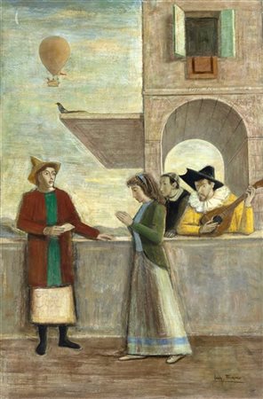 Luigi Filocamo "Commedianti" 
olio su tavola (cm 84x53)
Firmato in basso a destr