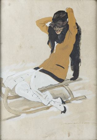 MARCELLO DUDOVICH<BR>Trieste 1878 - 1962 Milano<BR>"Ragazza sulla slitta" ante anni '920