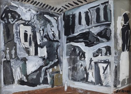 MARIO SIRONI<BR>Sassari 1885 - 1961 Milano<BR>"Studio d'interno con pitture murali" 1940 circa