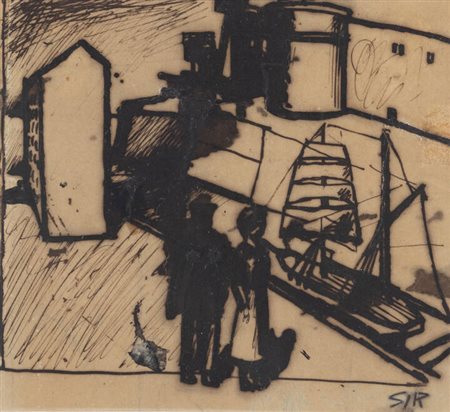 MARIO SIRONI<BR>Sassari 1885 - 1961 Milano<BR>"Paesaggio urbano con figure e veliero" 1920 circa