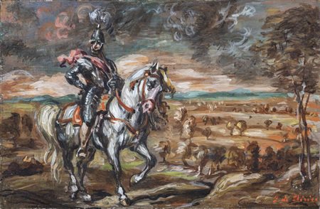 GIORGIO DE CHIRICO<BR>Volos 1888 - 1978 Roma<BR>"Cavaliere in un paese" seconda metà anni '50