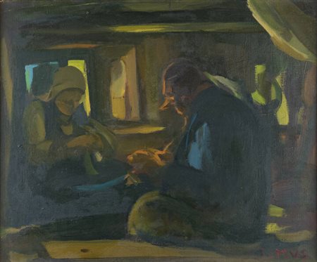 ITALO MUS<BR>Chatillon (AO) 1892 - 1967 St.Vincent (AO)<BR>"La vellàa, Lenty" (La veglia) anni '960 ca