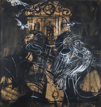 LUIGI SPAZZAPAN<BR>Gradisca d'Isonzo (GO) 1889 - 1958 Torino<BR>"Santi Cosma e Damiano con volo di colombe" 1948 ca.