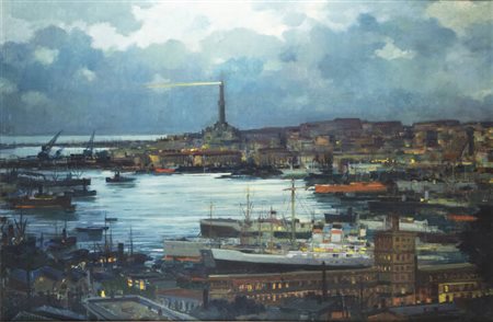 RENATO NATALI<BR>Livorno 1883 - 1979<BR>"Il porto di Genova" anni '40