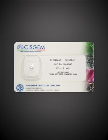 Diamante rotondo taglio a brillante di ct. 0,53, in blister. 

Accompagnato da