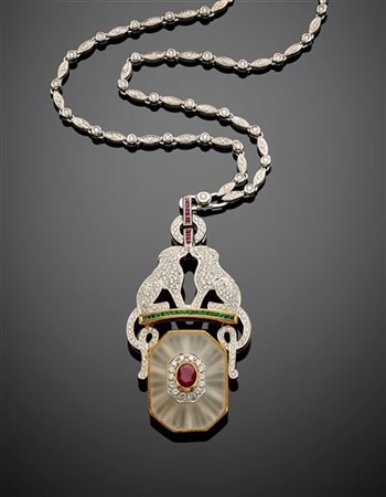 Collier modulare in oro bianco e diamanti, al centro un pendente a due pantere