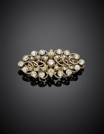 Doppia spilla a clip in oro giallo e bianco con diamanti old mine per complessi