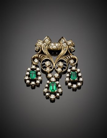 Spilla in oro bianco e giallo a volute con tre pendenti in diamanti old mine e